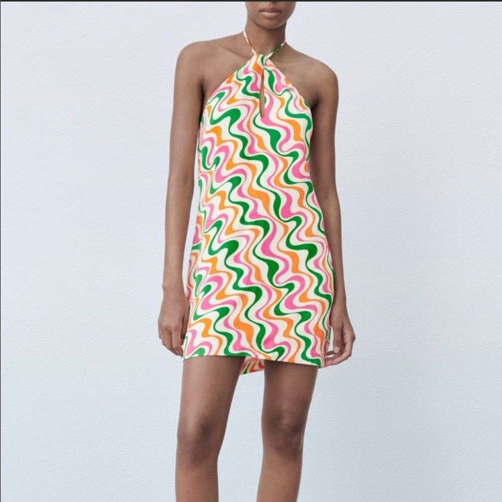 Zara halter Satin lava  Print mini Dress